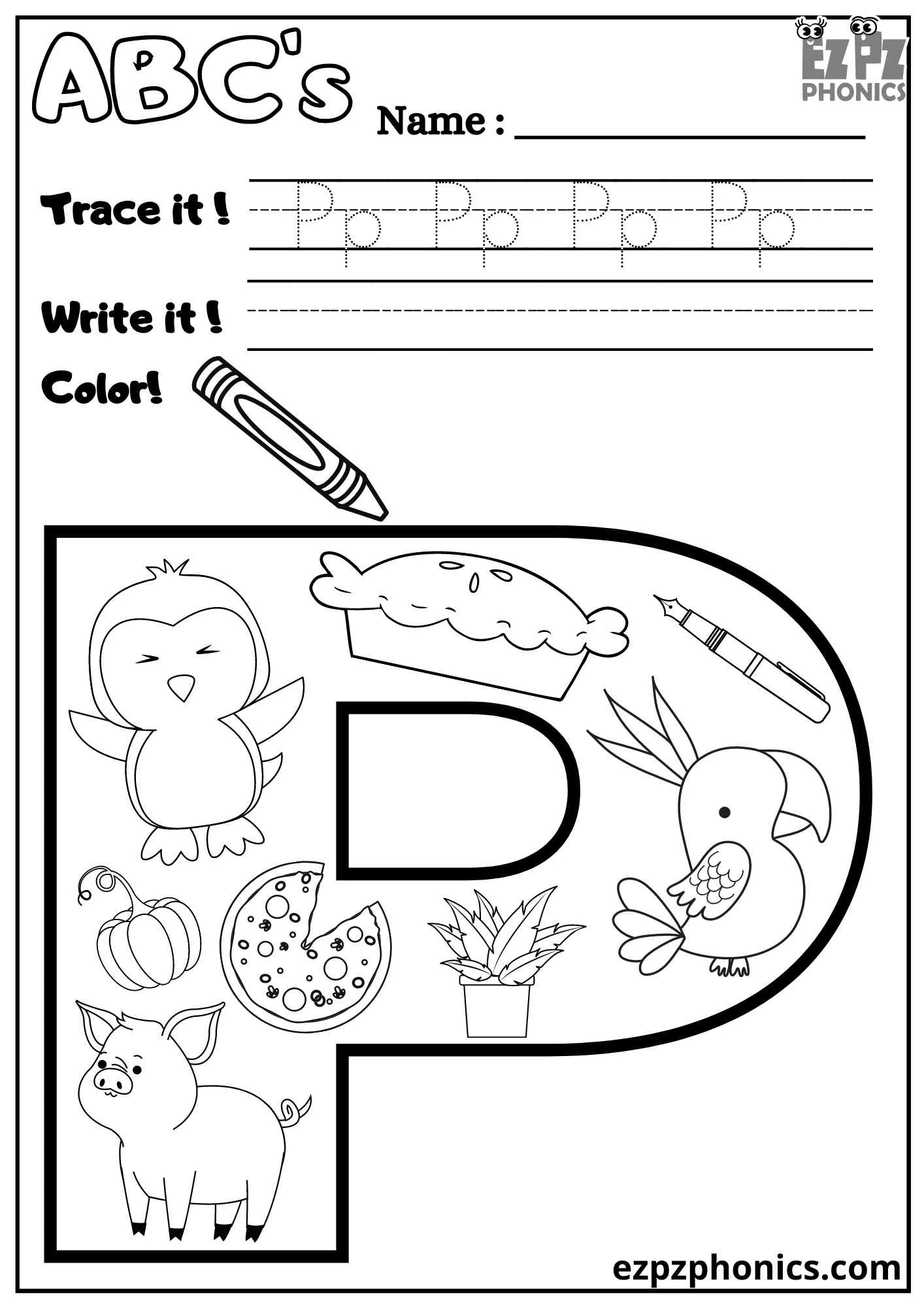 Letter P Trace, Write, and Color 
